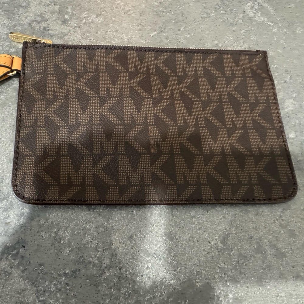 Michael Kors Brown Logo Zip Wristlet with Tan Strap